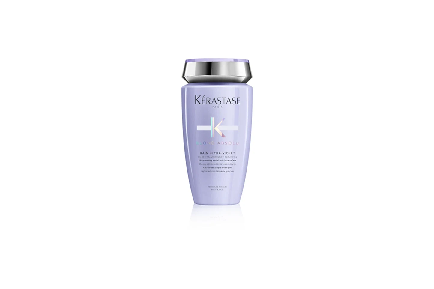 Kerastase Blond absolu bain ultra - violet. Detta effektiva lila schampo är rikt på neutraliserande ingredienser och avlägsnar oönskade varma och gula undertoner. Idealisk för kallt faux,blonde och grått hår.